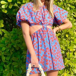 Agua by Agua Bendita Blue and Pink Puff Sleeve Mini Dress